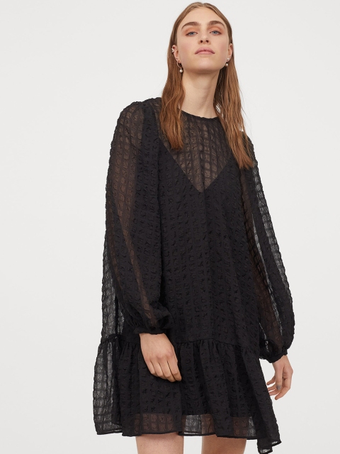 

H&M Women Black Solid Semi Sheer A-Line Dress
