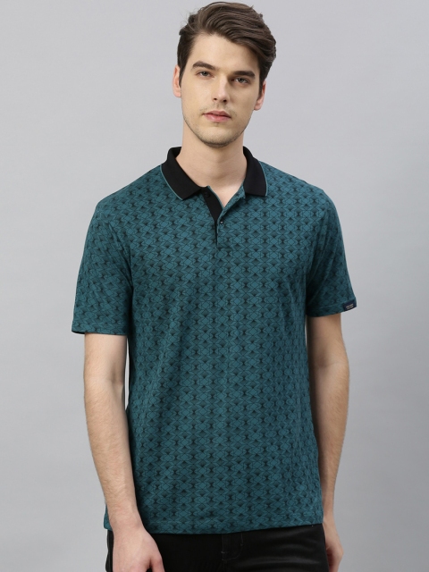 

RARE RABBIT Men Teal Blue & Black Geometric Print Polo Collar T-shirt