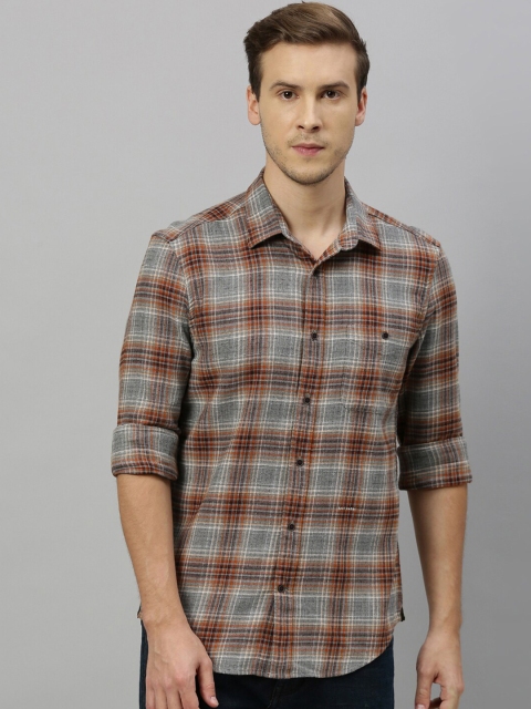 

RARE RABBIT Men Brown & Grey Tailored Fit Checked Casual Shirt