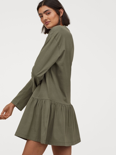 

H&M Women Olive Green Solid Cotton Jersey Dress