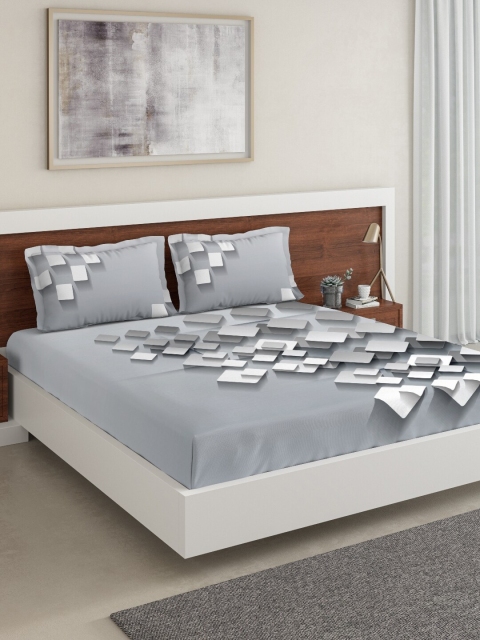 

DDecor Grey & White Geometric 140 TC Cotton 1 King Bedsheet with 2 Pillow Covers
