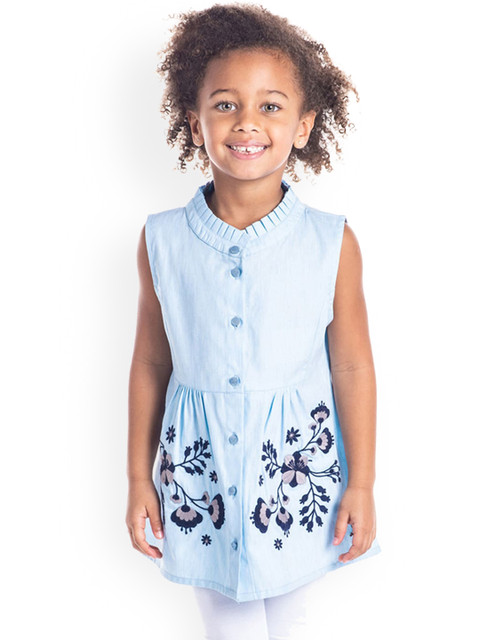 

Cherry Crumble Girls Blue Embroidered Shirt Style Top