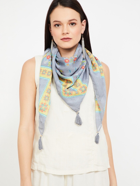 

Colour Me by Melange Women Grey Floral Print Scarf with Tasselled Border