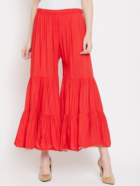 

Castle Women Coral Red Solid Tiered Flared Palazzos