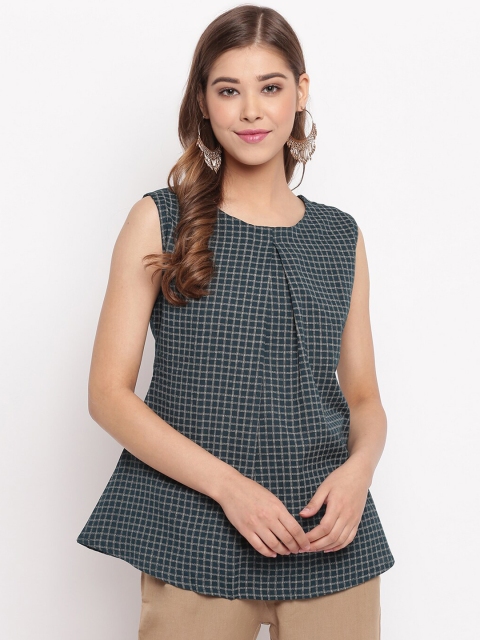

Janasya Women Green Checked A-Line Pure Cotton Top