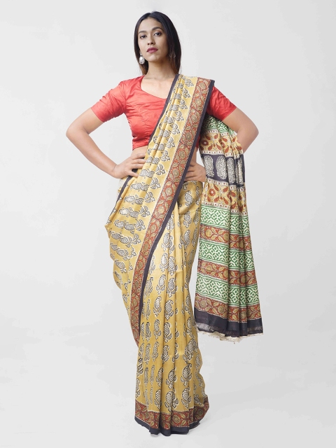 

Unnati Silks Yellow & Green Pure Silk Printed Tussar Saree