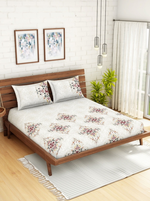 

SPACES White & Brown Ethnic Motifs 210 TC Cotton 1 King Bedsheet with 2 Pillow Covers