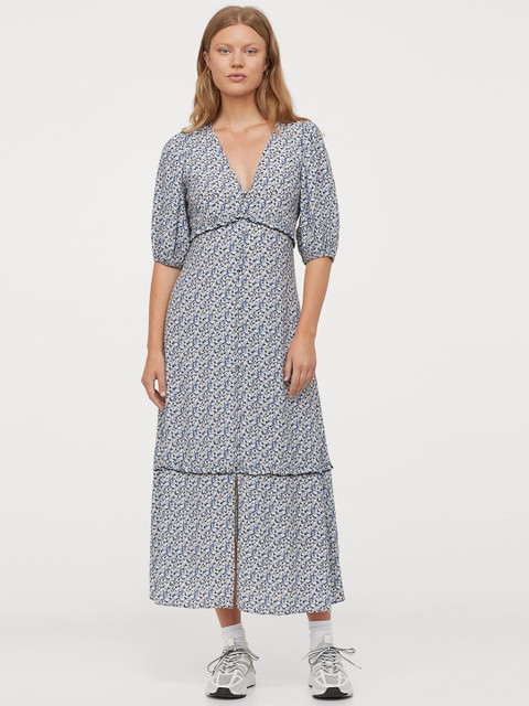

H&M Women Black & Blue Printed Puff-Sleeved Dress
