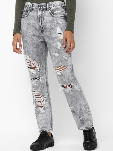 

AMERICAN EAGLE OUTFITTERS Women Grey Regular Fit Mid-Rise Highly Distressed Mom Jeans