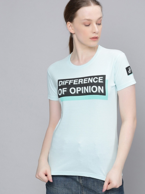 

Difference of Opinion Women Turquoise Blue Printed Round Neck Pure Cotton T-shirt
