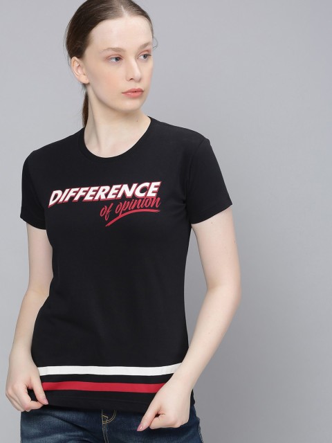 

Difference of Opinion Women Black & White Brand Logo Print Round Neck T-shirt