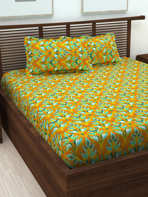 

Story@home Mustard & Green Abstract 152 TC Cotton 1 Queen Bedsheet with 2 Pillow Covers