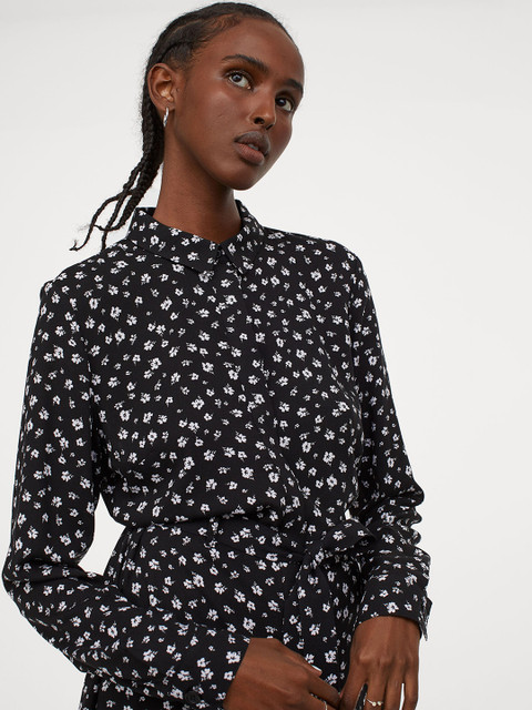 

H&M Women Black & White Printed Shirt Dress With A Tie Belt