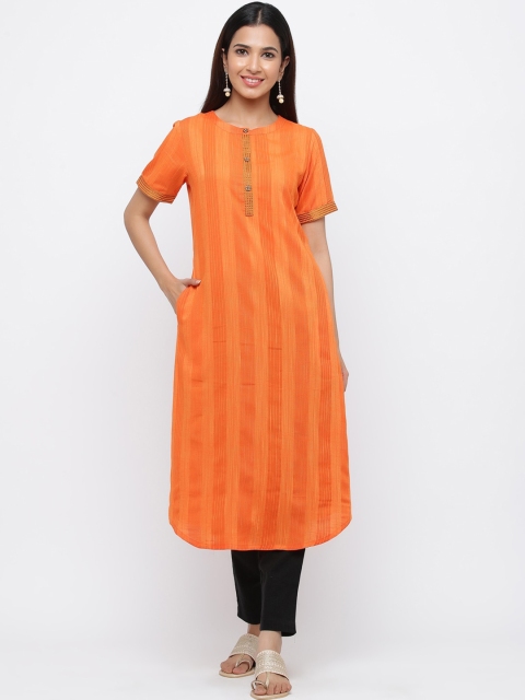 

Jaipur Kurti Women Orange Striped Straight Kurta