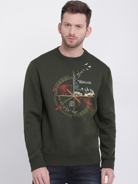 

t-base Men Olive Green Printed Sweatshirt