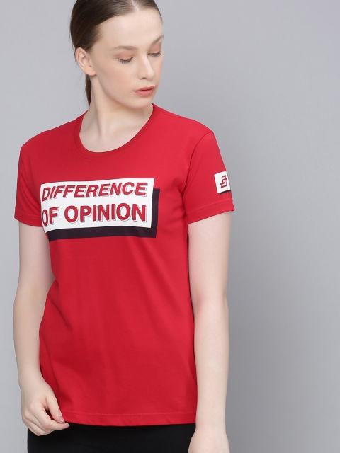 

Difference of Opinion Women Red & White Brand Logo Print Round Neck T-shirt