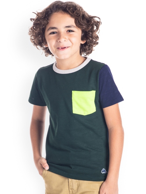 

Cherry Crumble Boys Olive Green Colourblocked Round Neck T-shirt