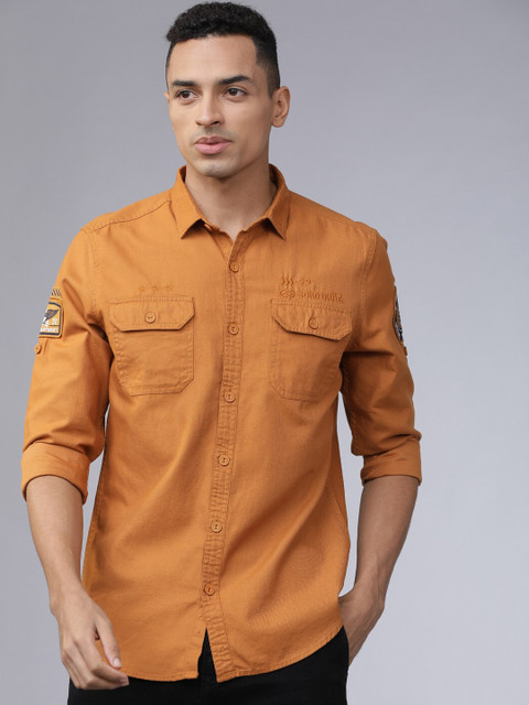 

Ecko Unltd Men Mustard Yellow Slim Fit Solid Casual Shirt With Applique Detail