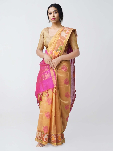 

Unnati Silks Pink & Yellow Silk Cotton Woven Design Handloom Uppada Saree