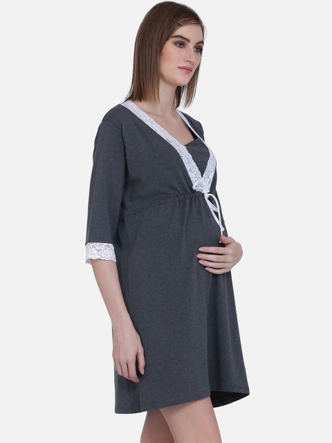 

Mamma Presto Women Black Solid Lace Detailed Maternity Nightdress