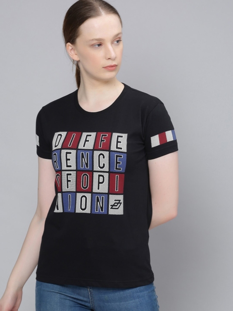 

Difference of Opinion Women Black Printed Round Neck Pure Cotton T-shirt