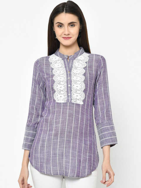 

Latin Quarters Women's Purple & White Lace Detailed Striped Tunic