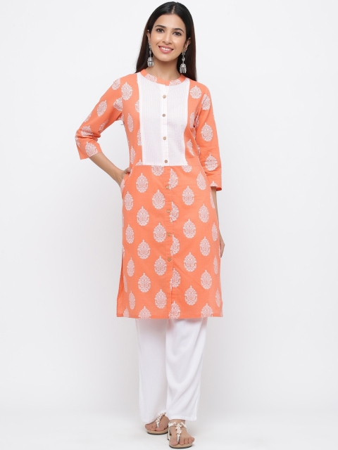 

Jaipur Kurti Women Peach-Coloured & White Printed Straight Kurta