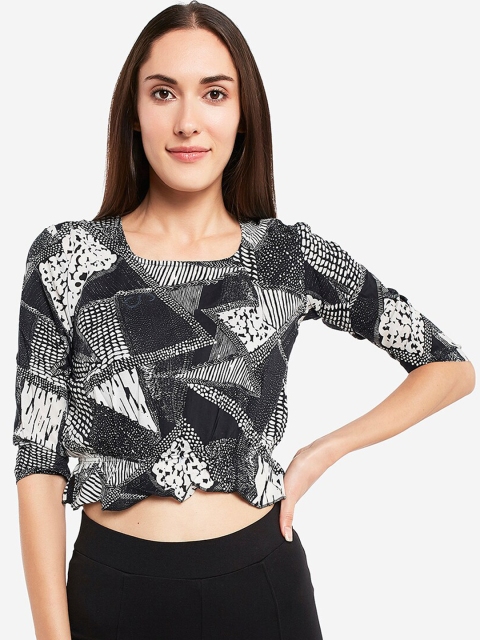 

Smarty Pants Women Black & White Printed Cinched Waist Crop Pure Cotton Top
