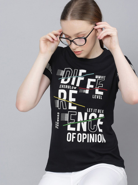 

Difference of Opinion Women Black White Printed Round Neck Pure Cotton T-shirt