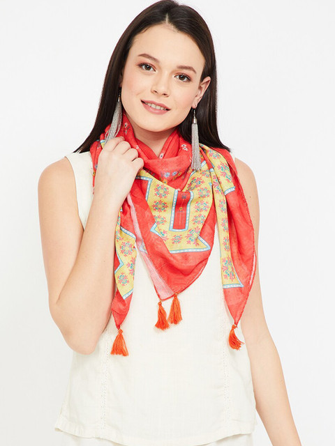 

Colour Me by Melange Women Coral Red & Yellow Floral Print Dupatta