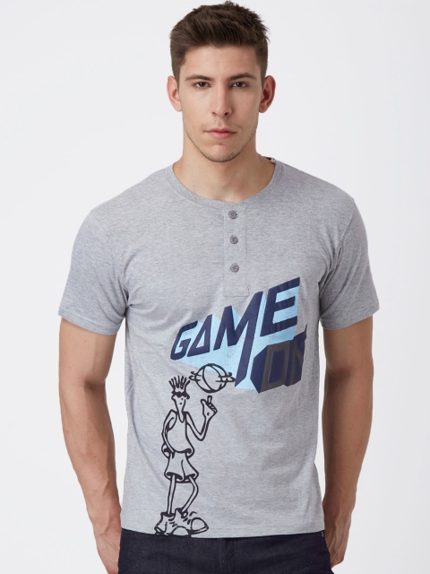 

FIDO DIDO Men Grey Slim Fit Printed Henley Neck T-shirt