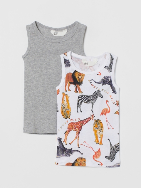 

H&M Boys Printed 2-Pack Cotton Vest Tops, White