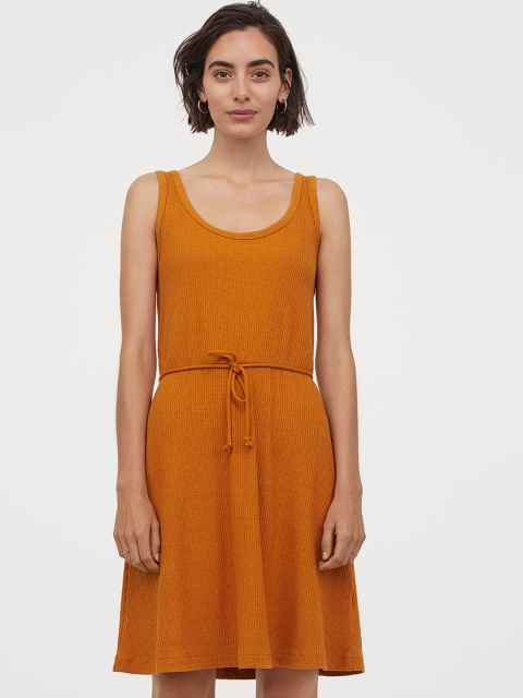 

H&M Women Mustard Yellow Solid Ribbed Dress