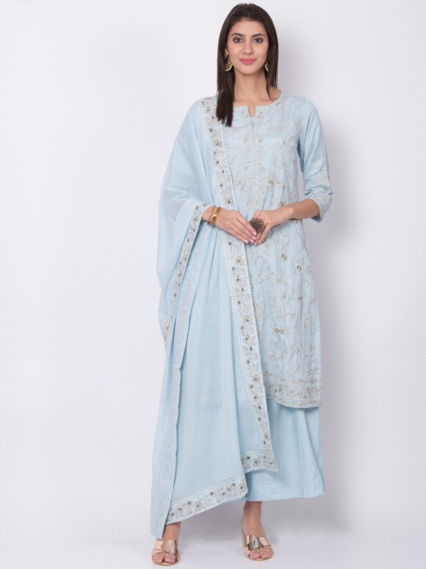 

Biba Women Blue Floral Embroidered Regular Kurta with Palazzos & With Dupatta