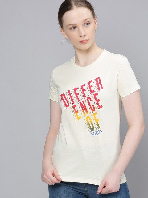 

Difference of Opinion Women Off-White & Pink Brand Logo Print Round Neck T-shirt