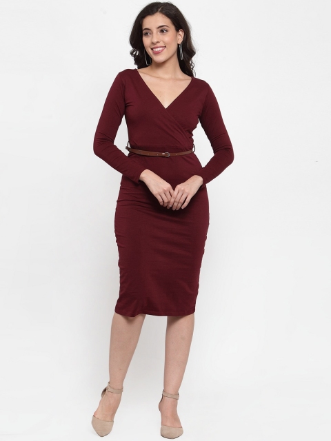 

FIVE STONES Women Burgundy Solid Wrap Dress