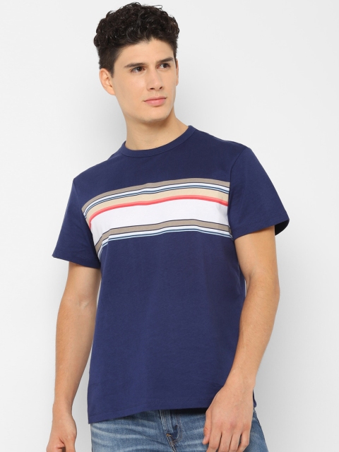 

AMERICAN EAGLE OUTFITTERS Men Navy Blue Striped Round Neck T-shirt