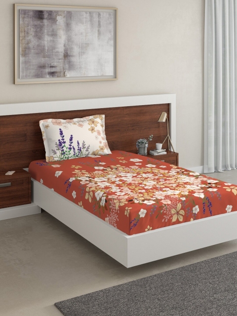 

DDecor Red Floral 140 TC Cotton 1 Single Bedsheet with 1 Pillow Covers