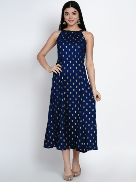 

SIAH Women Blue Printed Fit and Flare Dress