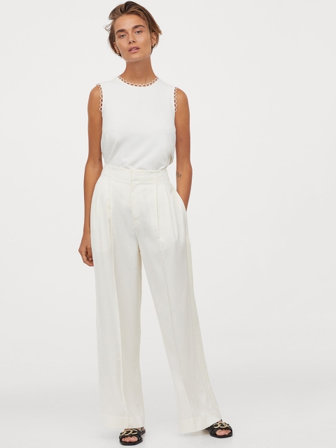 

H&M Women White Solid Scallop-Edged Top