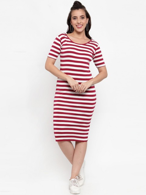 

FIVE STONES Women Maroon & White Striped Bodycon Dress