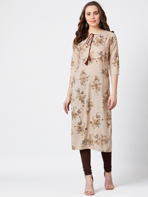 

PANIT Women Beige Floral Printed Straight Kurta