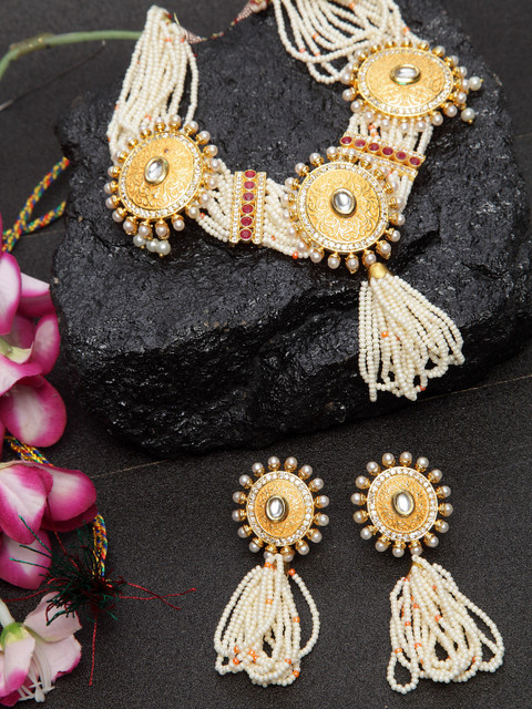 

DUGRISTYLE Gold-Plated White & Red Stone-Studded Pearl Handcrafted Jewellery Set