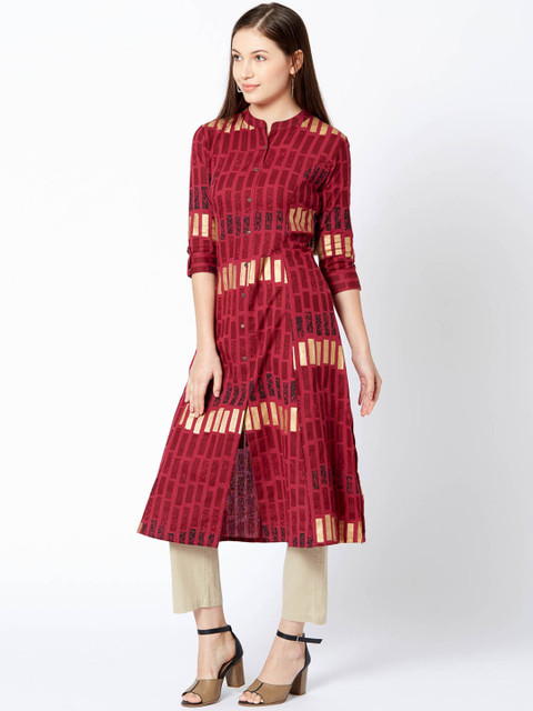 

FASHOR Women Maroon Woven Design Anarkali Kurta