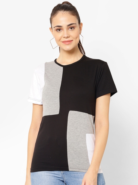 

VIMAL JONNEY Women Black & Grey Colourblocked Round Neck T-shirt