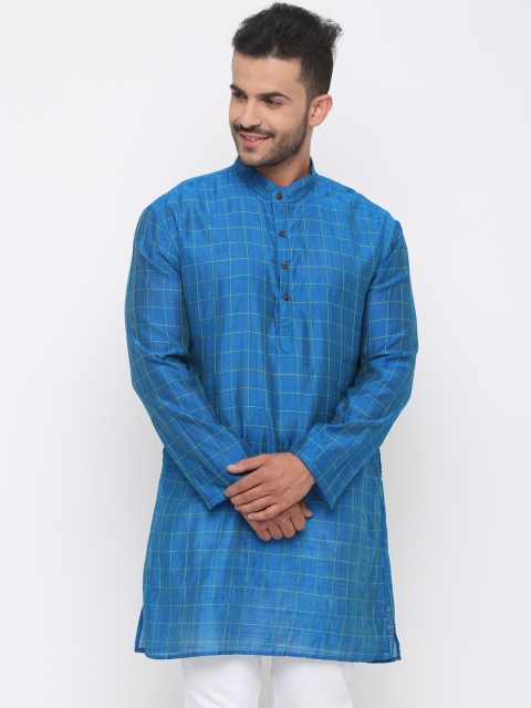 

SHOWOFF Men Blue & Lime Green Checked Straight Kurta