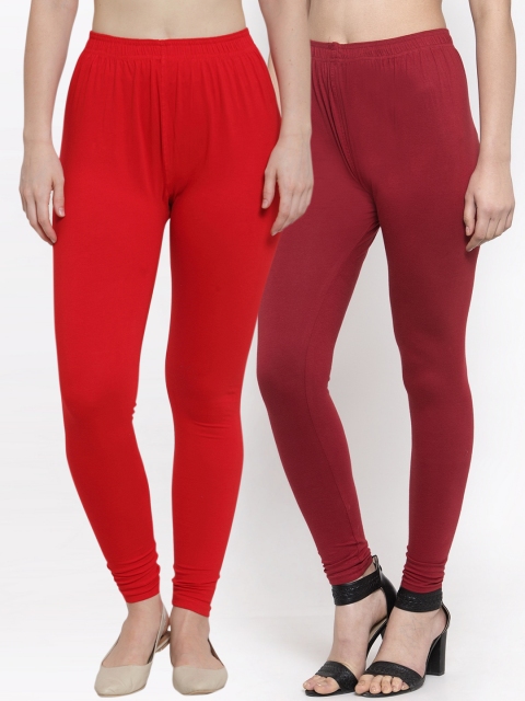 

TAG 7 Women Pack Of 2 Solid Churidar-Length Leggings, Red