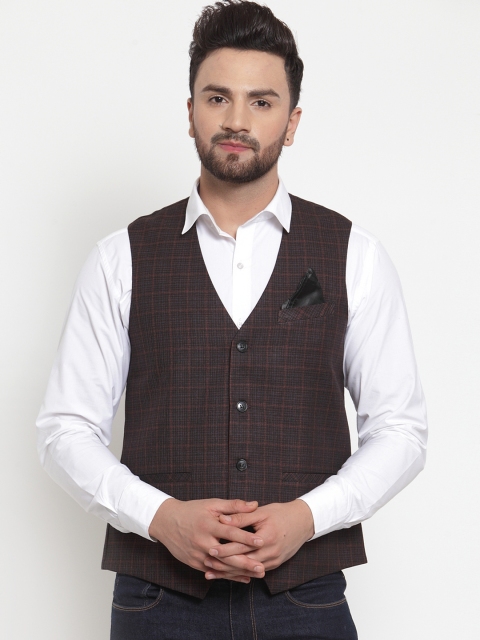 

NEUDIS Men Brown & Red Checked Waistcoat