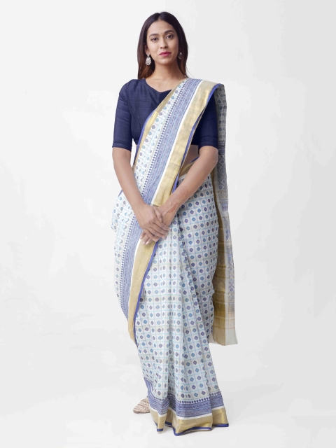 

Unnati Silks White & Blue Pure Cotton Printed Kasavu Saree