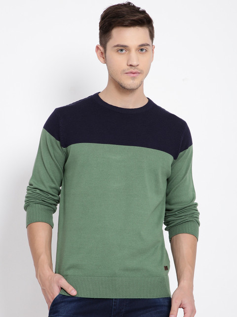 

t-base Men Green & Navy Blue Colourblocked Pullover Sweater